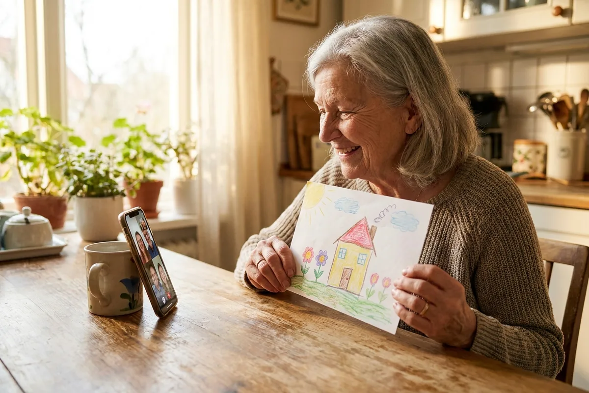 A grandmother on a video call holding up a child's crayon drawing to the camera