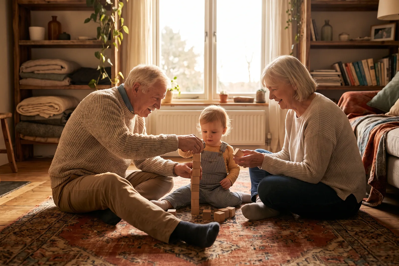 Grandparents sitting on a living room rug playing with wooden blocks with a toddler