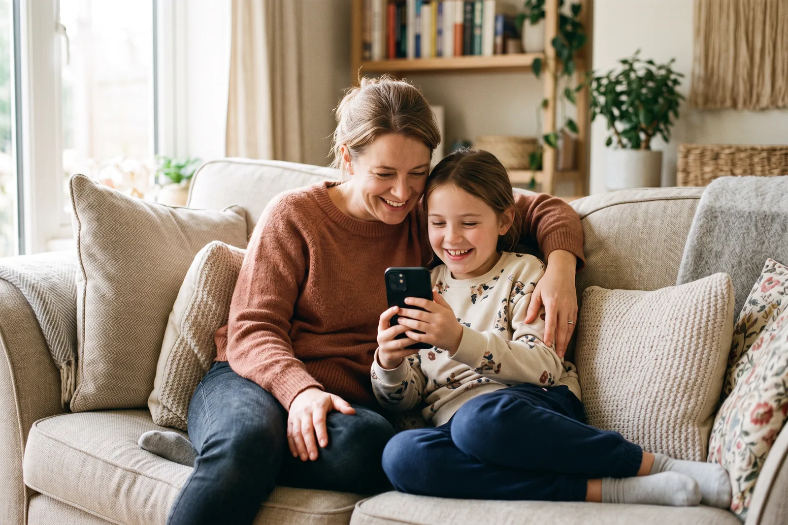 A parent and tween sitting on a sofa smiling at a phone together