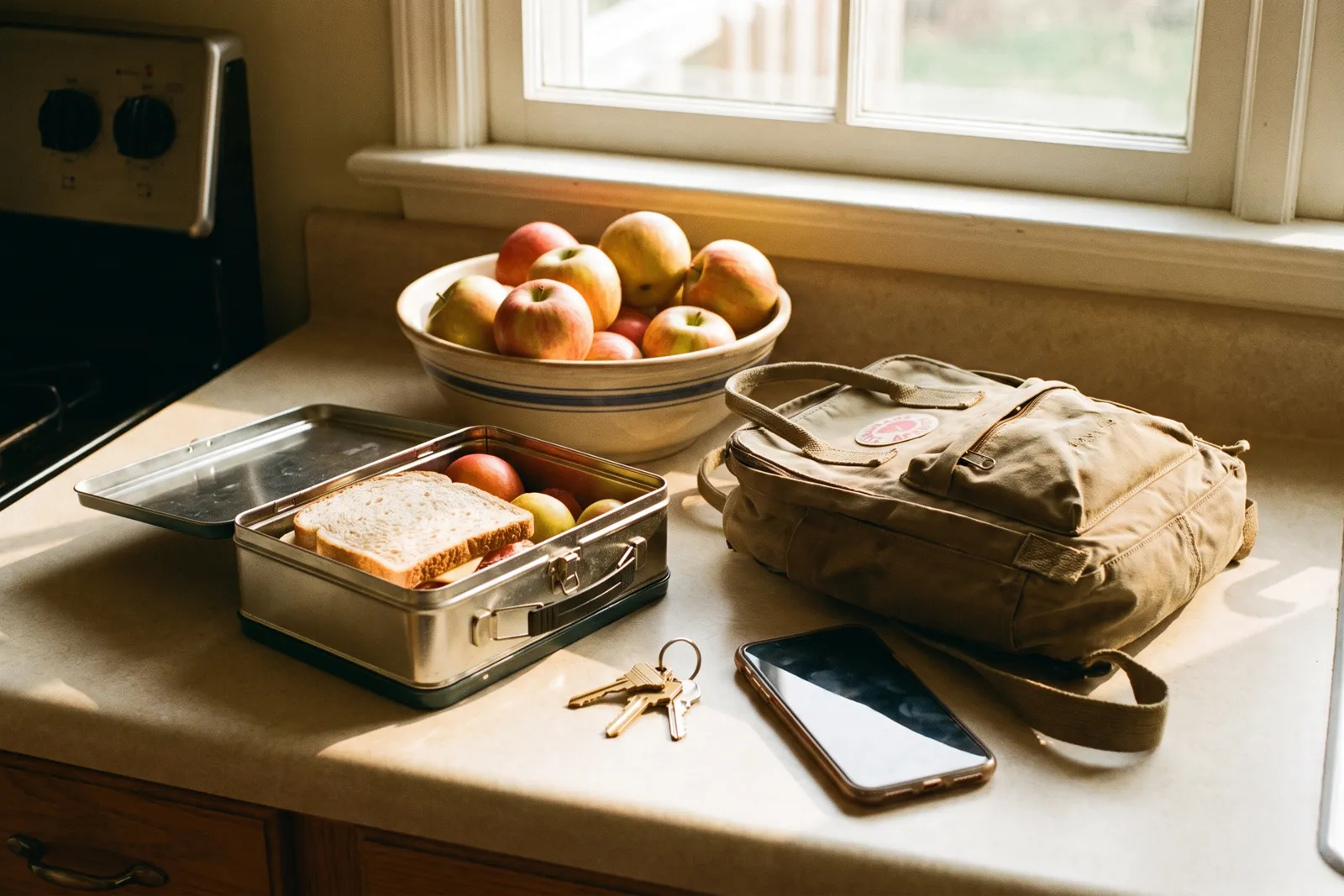 A sunny kitchen counter with an open lunchbox, a small backpack, house keys and a phone