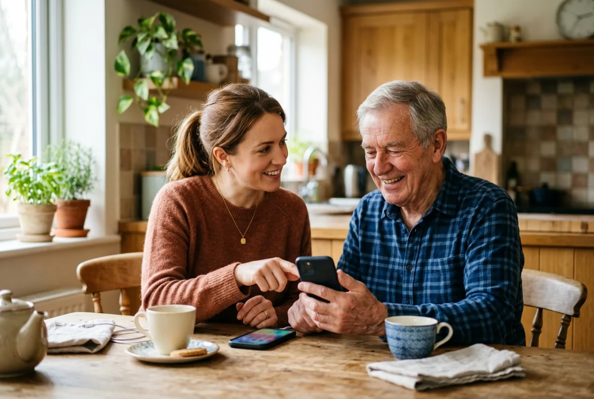 An adult daughter helping her father set up his smartphone over tea