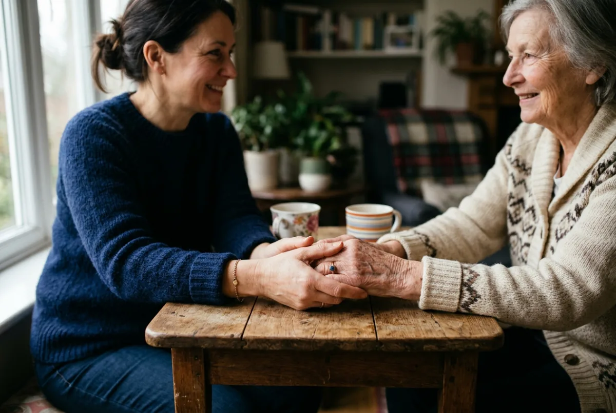 An adult daughter holding her elderly mother's hands across a table with tea