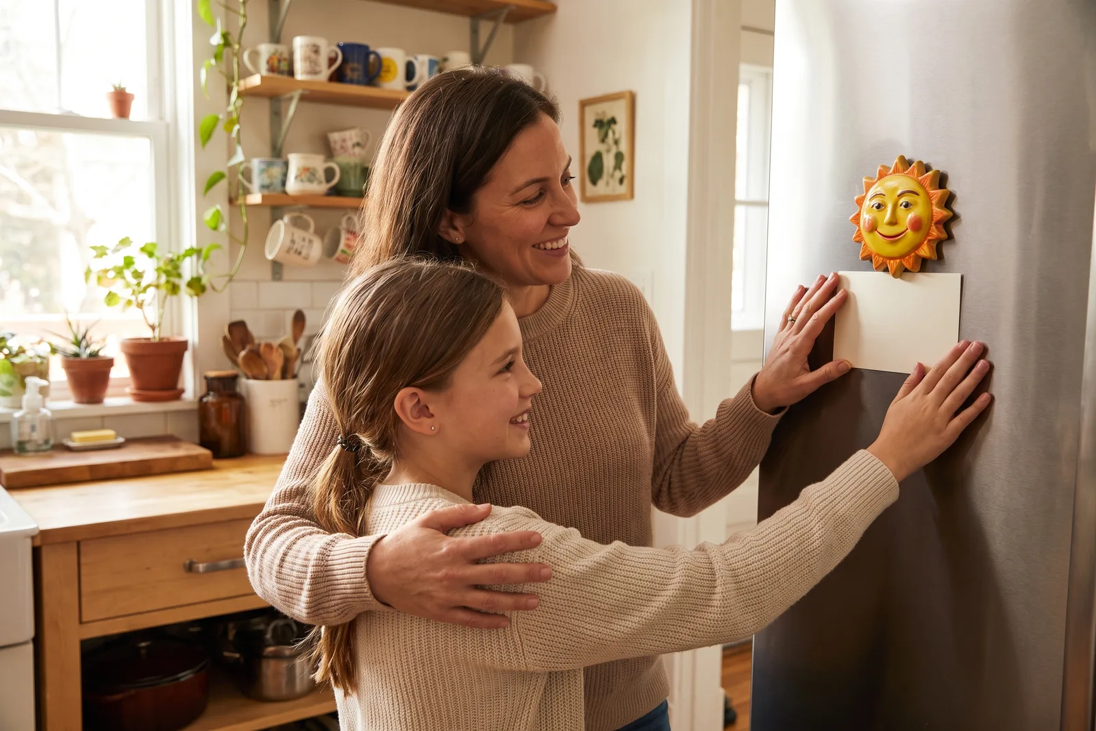 Mother and daughter pinning a checklist card to the fridge in a bright kitchen