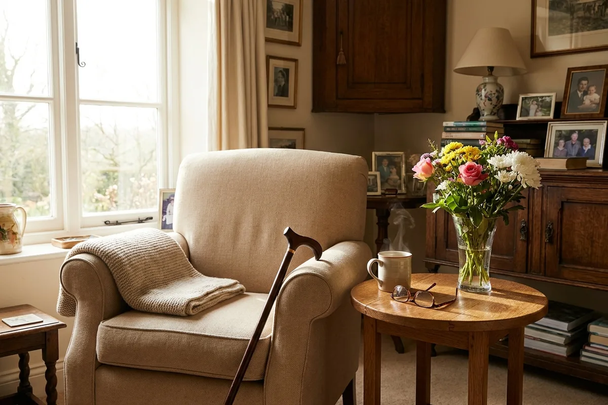 An older woman settling into a well lit armchair at home with a blanket, walking stick and a cup of tea beside her