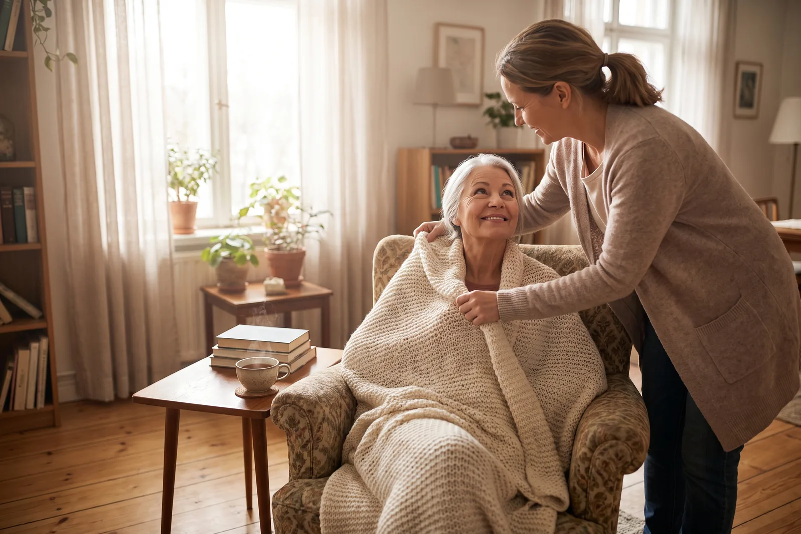 An adult daughter tucking a blanket around her elderly mother in an armchair at home, with a cup of tea on the side table