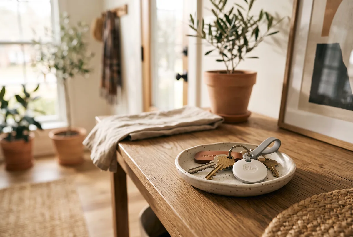 House keys and a small tracker tag resting in a tray by a front door