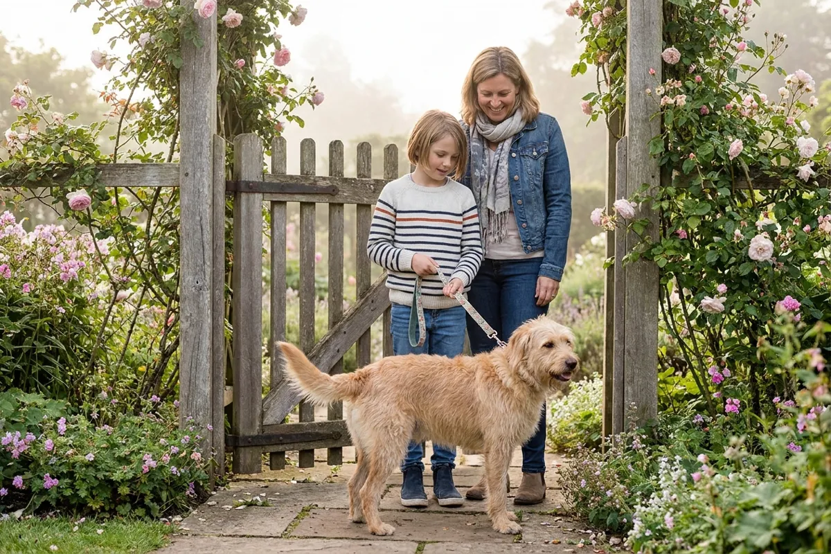 A child holding a dog on a short lead on a quiet residential pavement