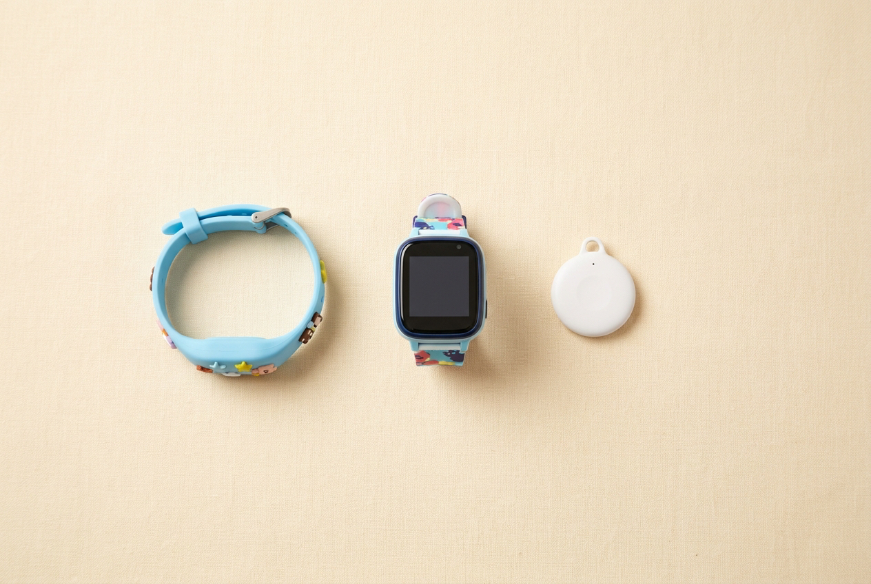 Flat-lay comparison of a kids GPS bracelet, a smartwatch and a small round Bluetooth tracker disc