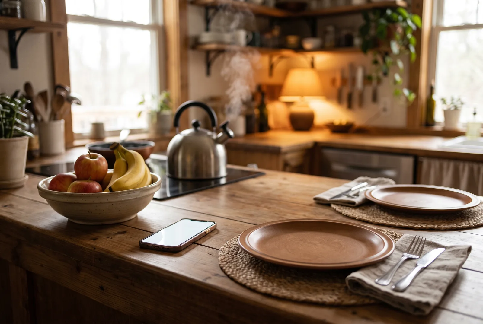 A kitchen counter with a phone, a fruit bowl and dinner plates set out for someone arriving