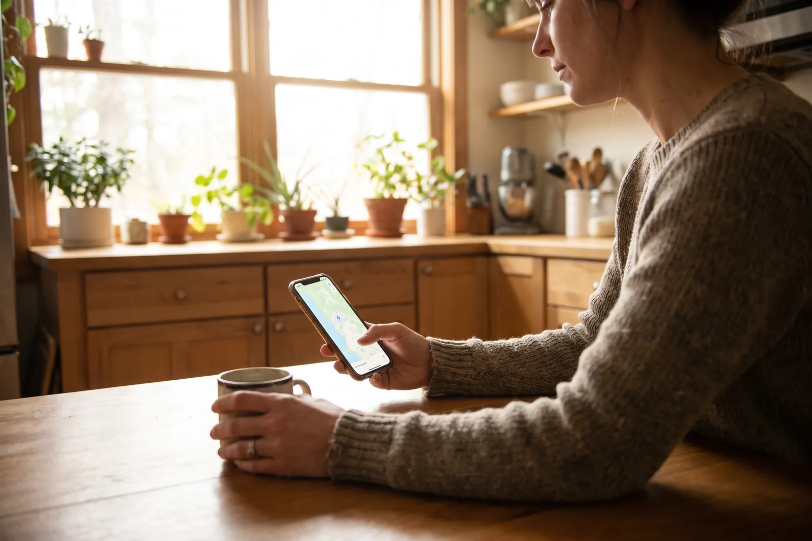 A phone showing a family map on a kitchen counter next to a cup of coffee in morning light