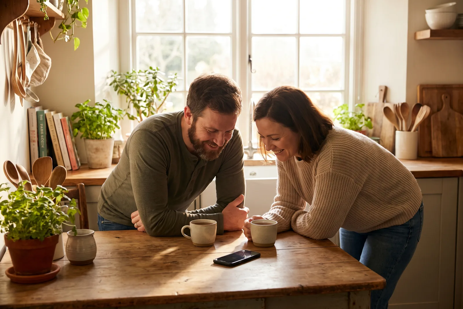 Two people talking across a kitchen table with a phone face down between them