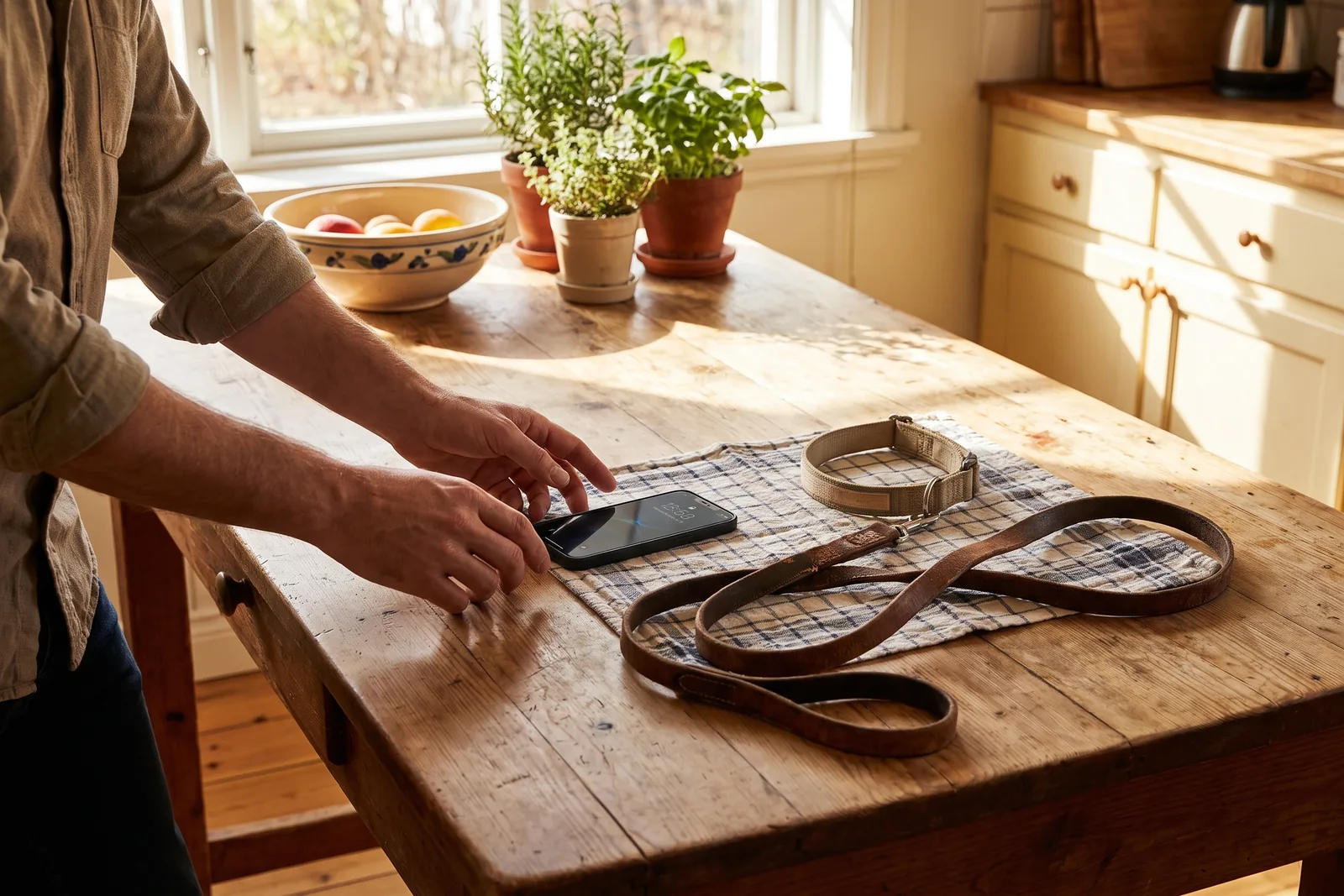 A lead and an empty dog collar lying on a kitchen table beside a phone
