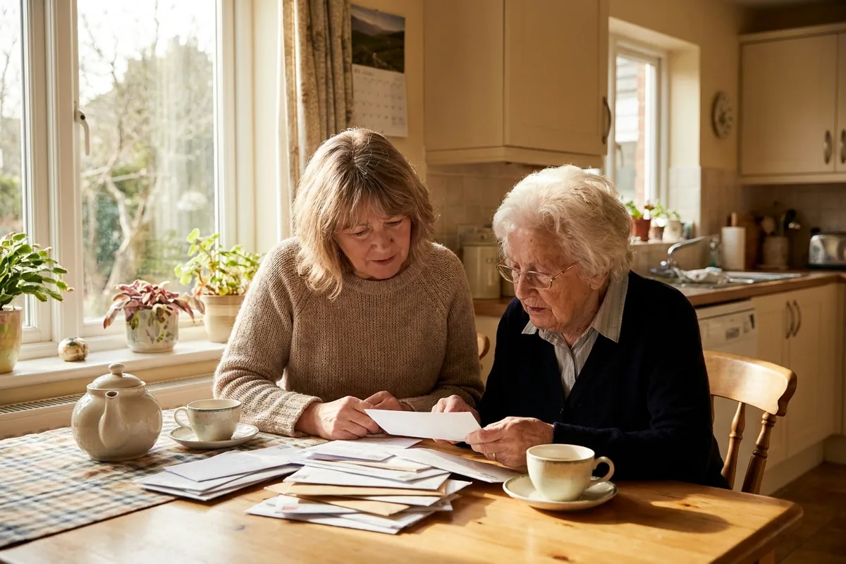 A small stack of unopened letters on a kitchen table beside a cooling cup of tea