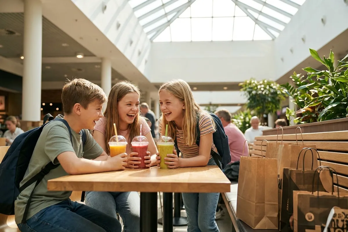 Three tween friends sharing smoothies at a mall food court