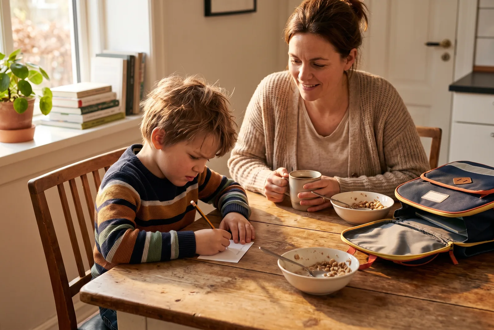 A parent and child sitting at a kitchen table while the child writes a phone number on a small card