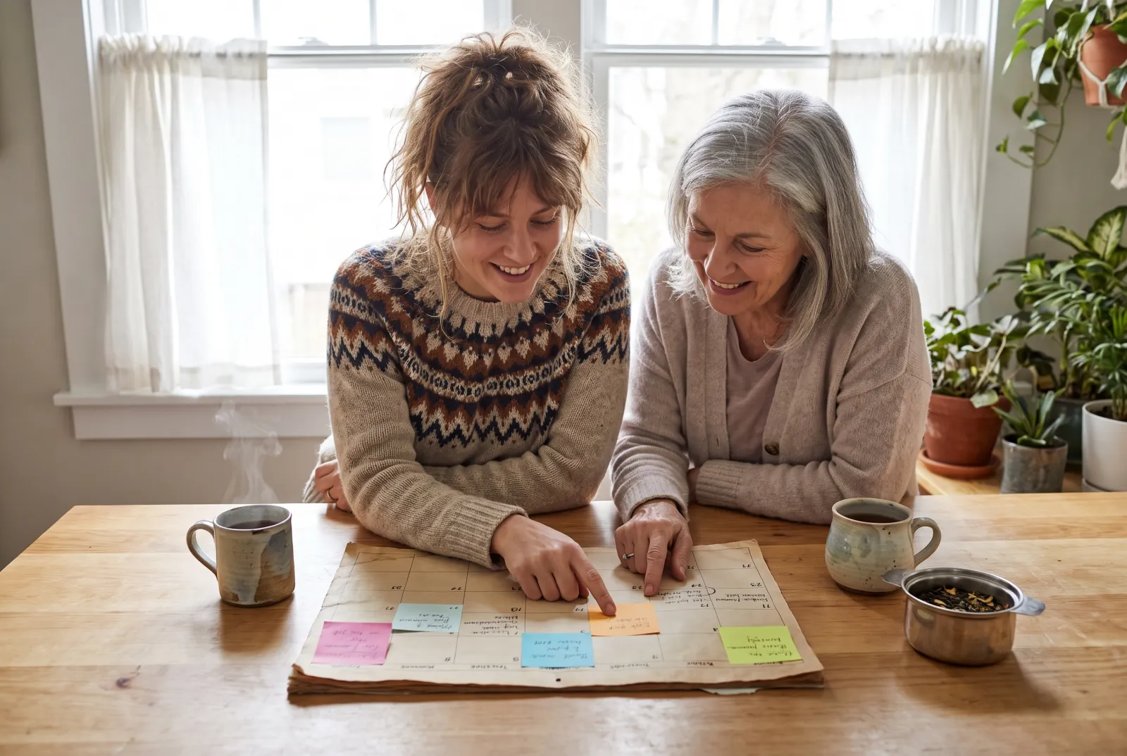 A kitchen table with a paper wall calendar, handwritten notes and a cup of tea