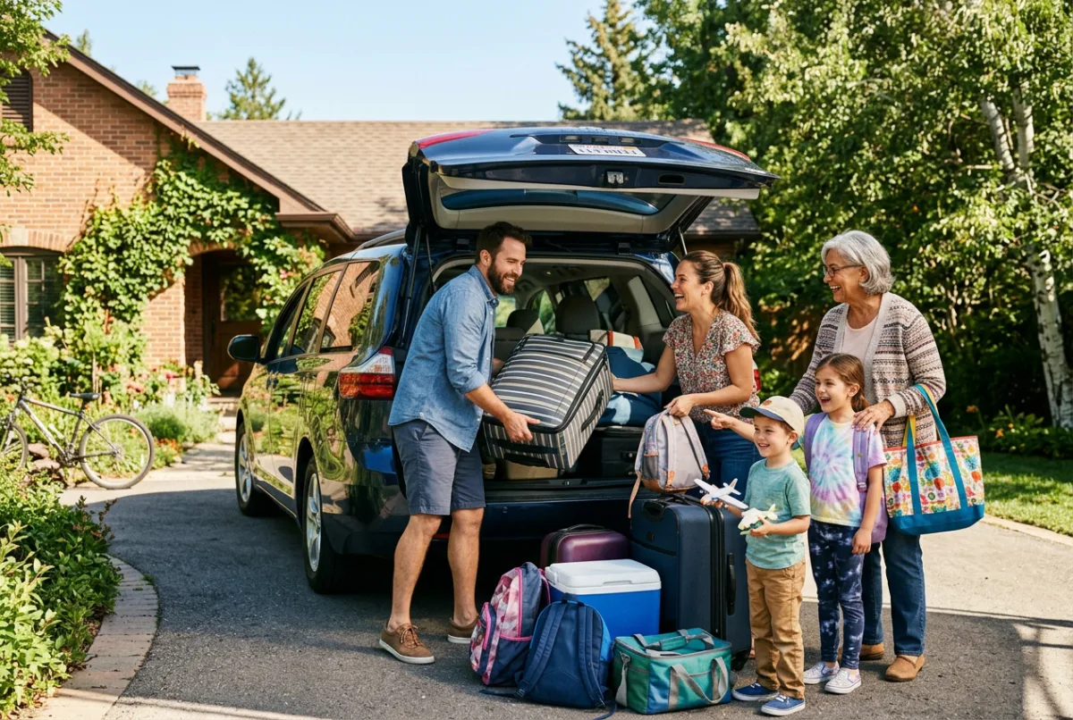 A family loading a minivan with suitcases on a bright morning