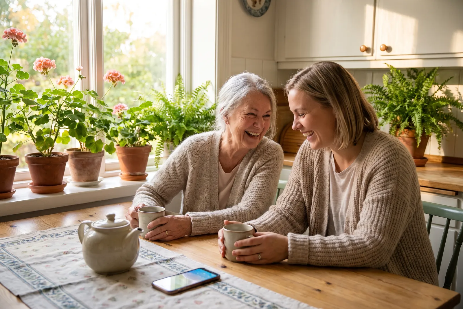 An older woman and her adult daughter sharing cups of tea beside a sunny window, smiling as they talk