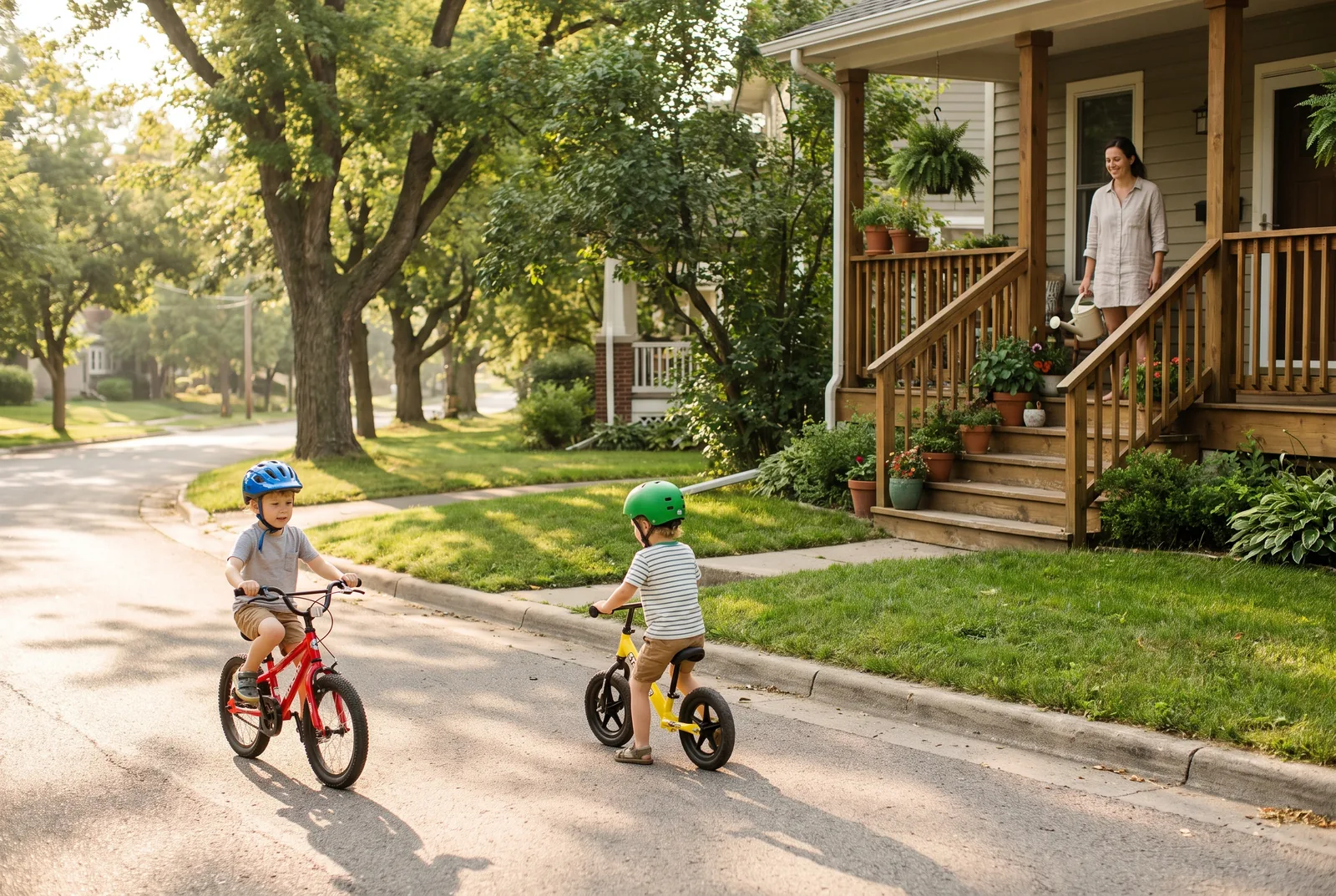 Two children's bicycles leaning against a house porch on a quiet residential street