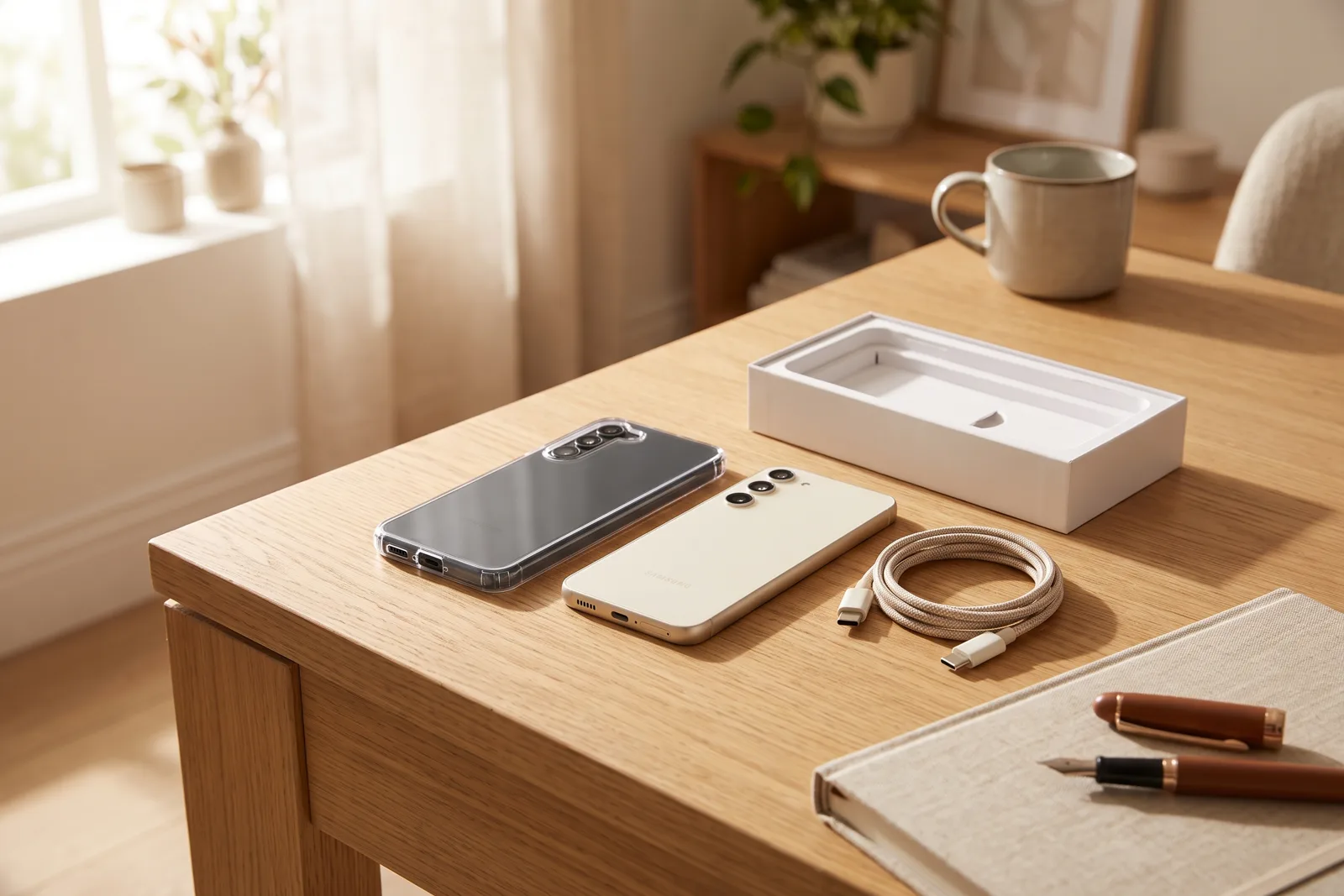 Two smartphones side by side on a bright desk, one new beside its open box, with a charging cable and notebook nearby