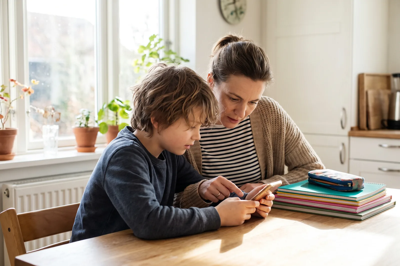 A parent and child setting up a smartphone together at a kitchen table with school supplies nearby