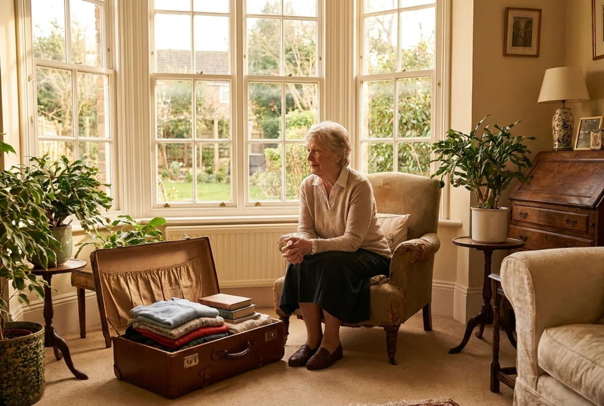 An older woman looking out of a window with a packed suitcase beside her chair
