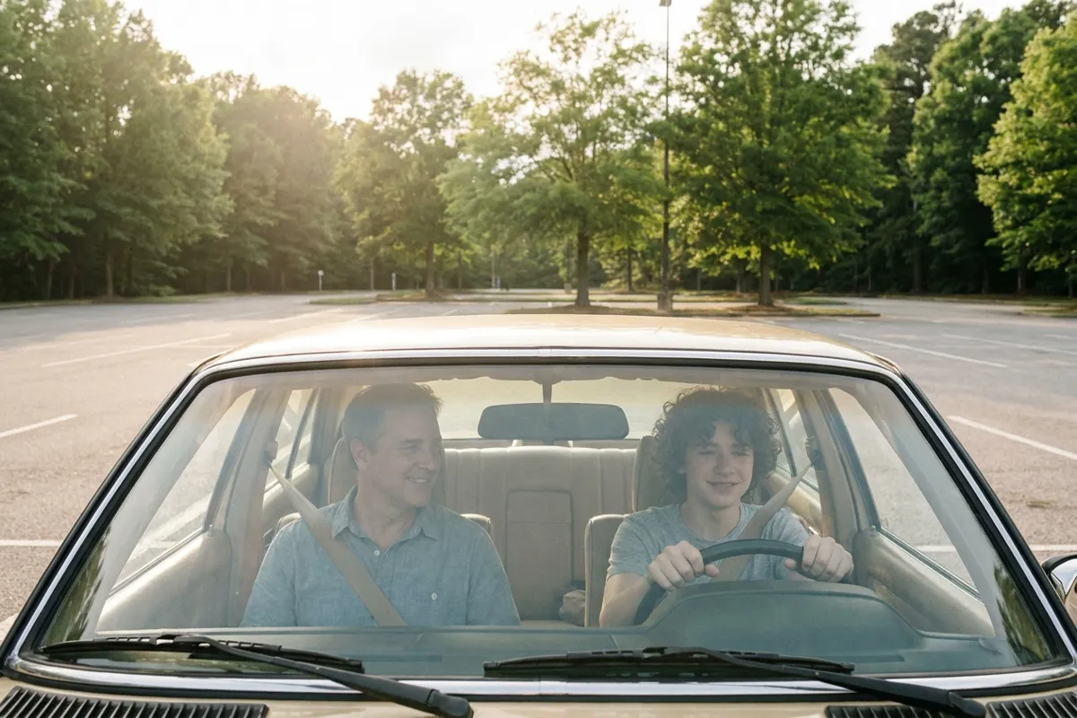 Teen at the wheel with a parent beside them practicing in an empty parking lot