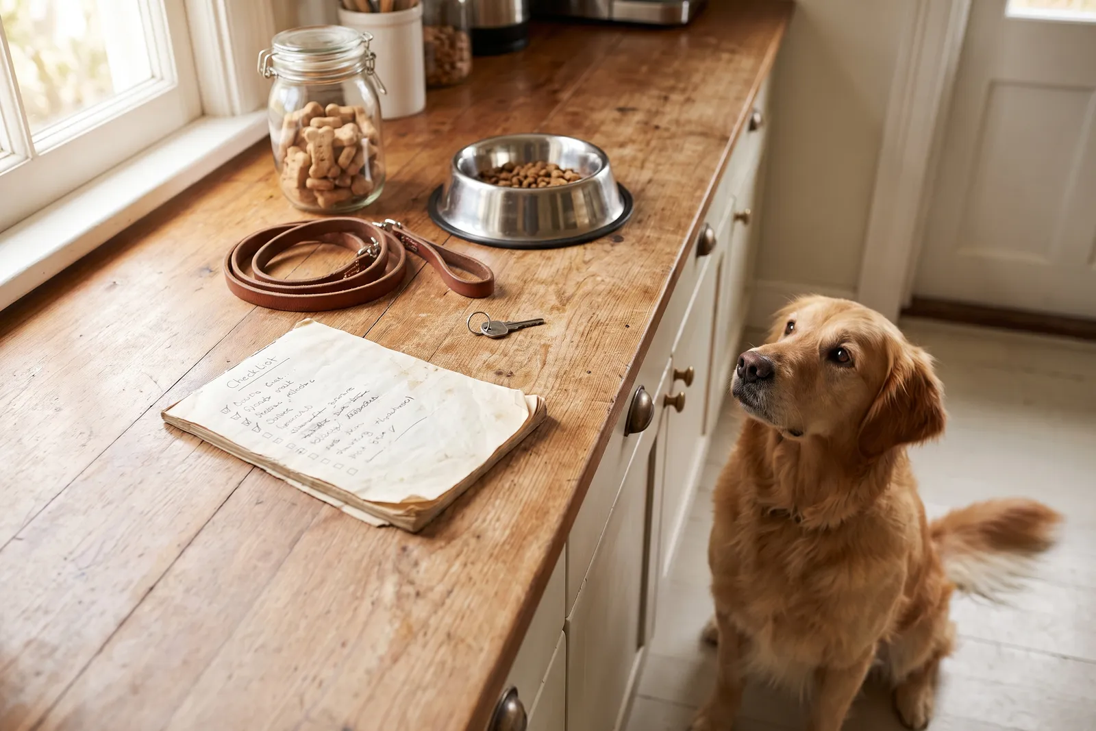 A handwritten checklist, house keys, a leash and a food bowl laid out on a kitchen counter