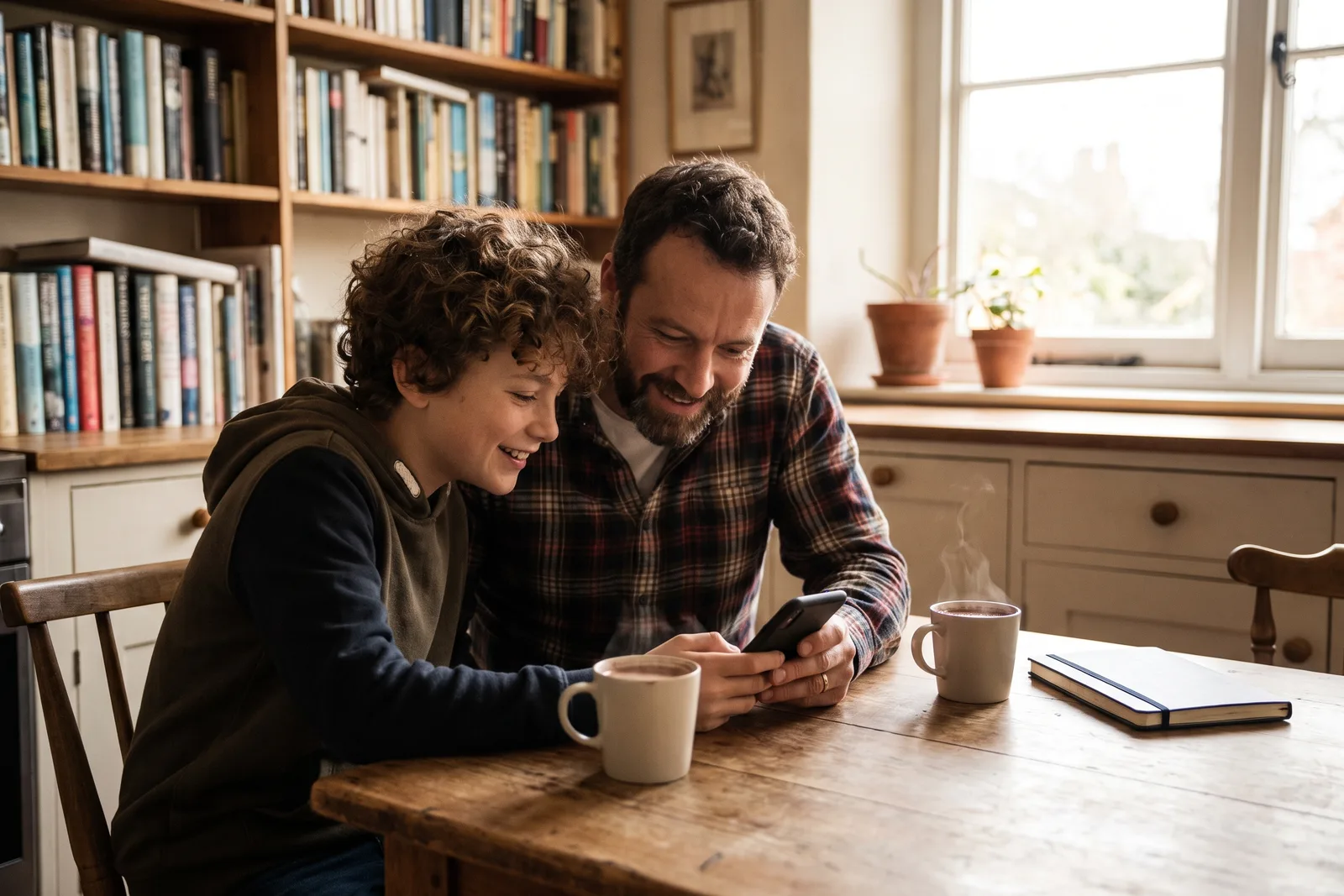 Father and son at a kitchen table looking at a phone together with a notebook and cocoa