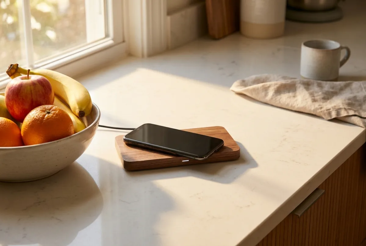 A smartphone on a wireless charging pad on a kitchen counter