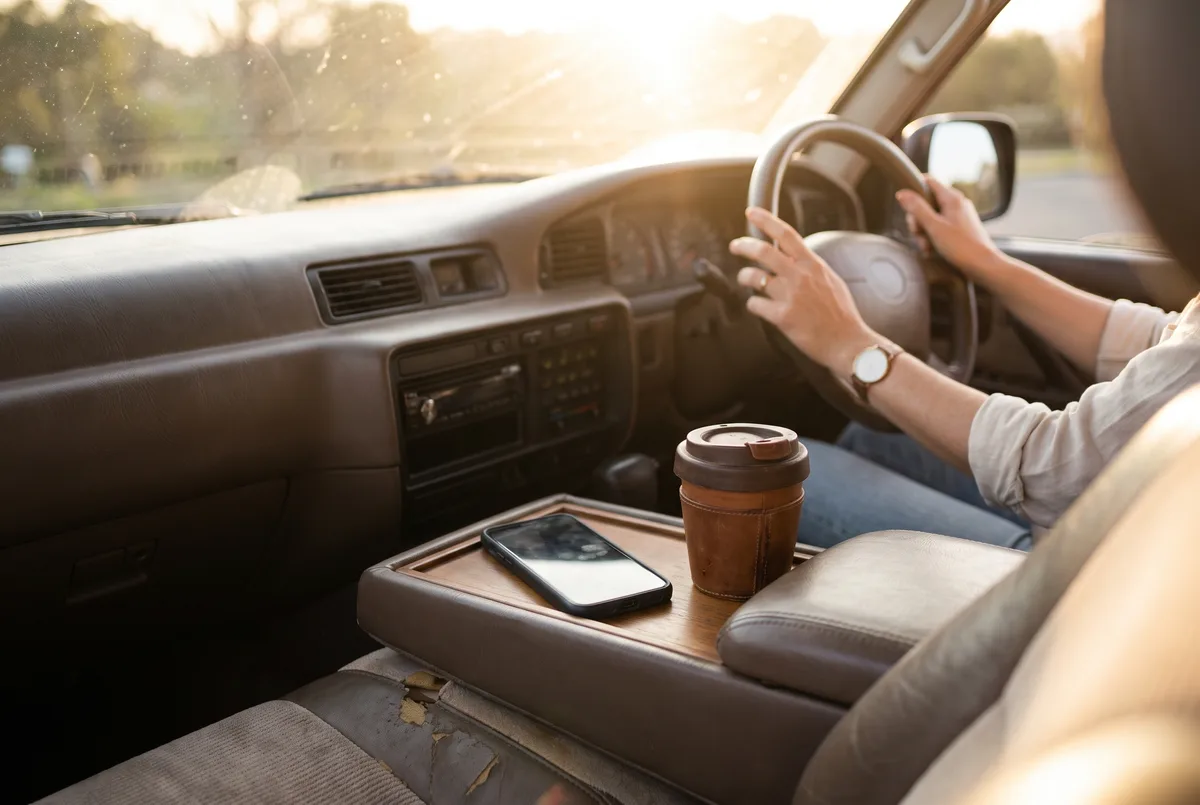 A phone lying face down in a car's centre console tray