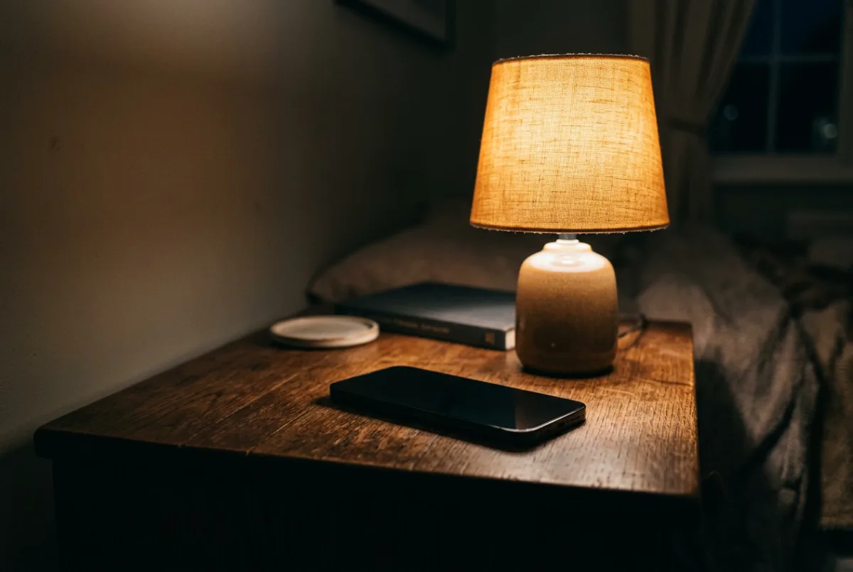 A phone with a dark screen on a nightstand at night