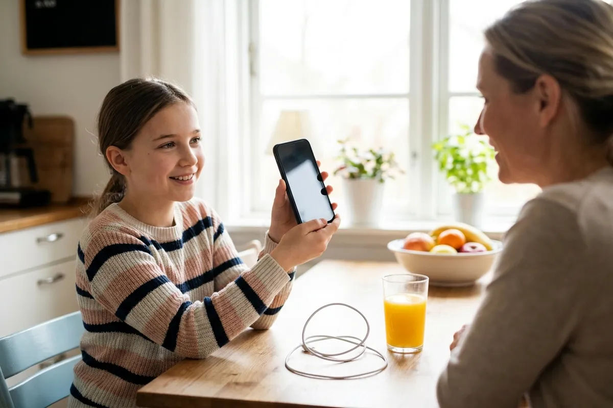A phone with a blank screen resting on a table beside a school bag