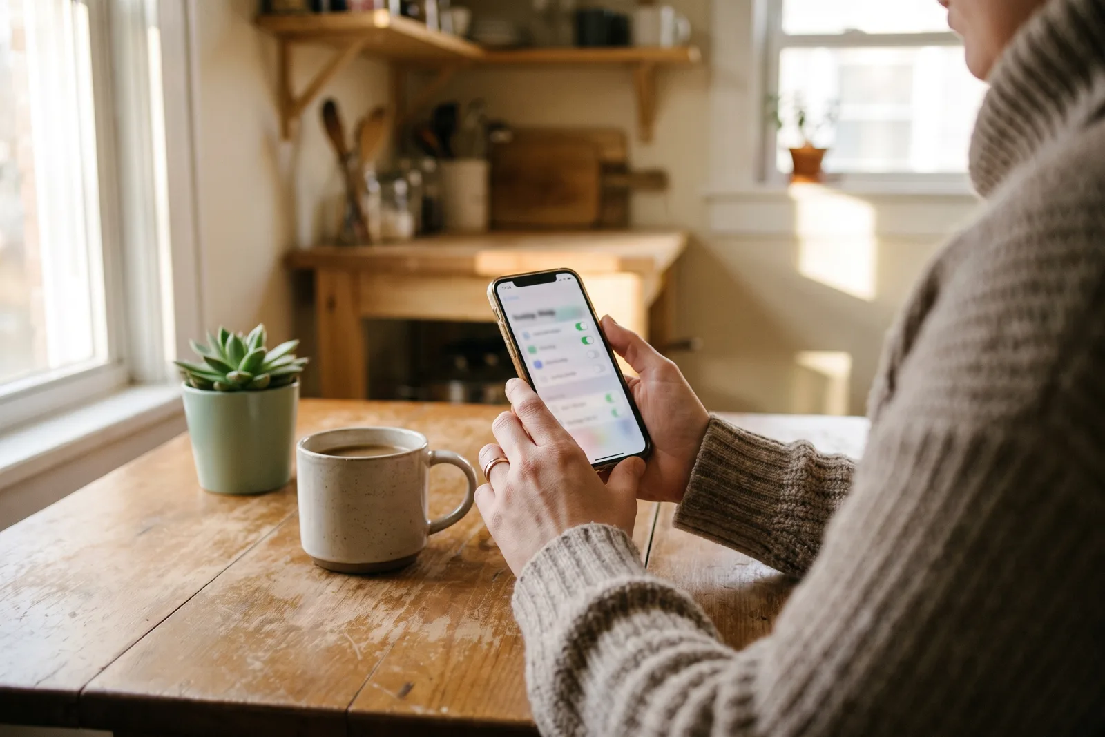 An adult reviewing app permission settings on a smartphone at a sunlit kitchen table with a cup of coffee