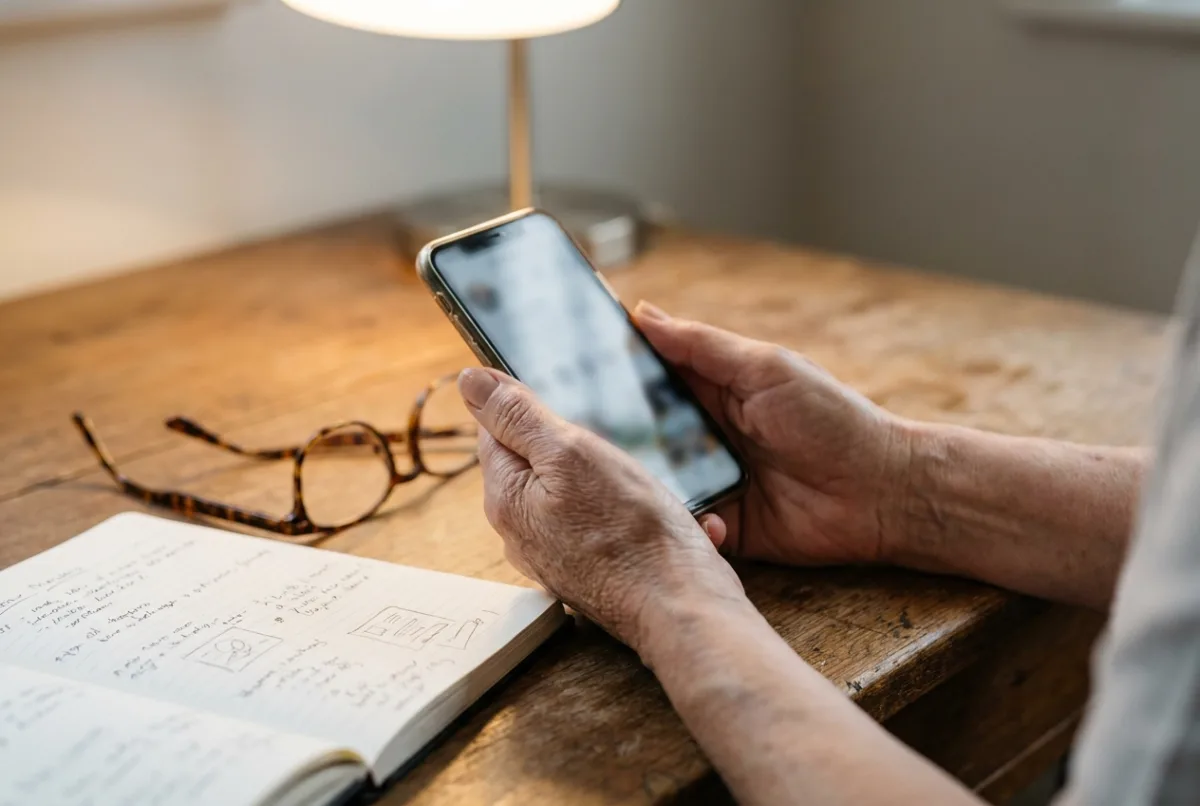 Hands holding a phone at a desk beside reading glasses and a notebook