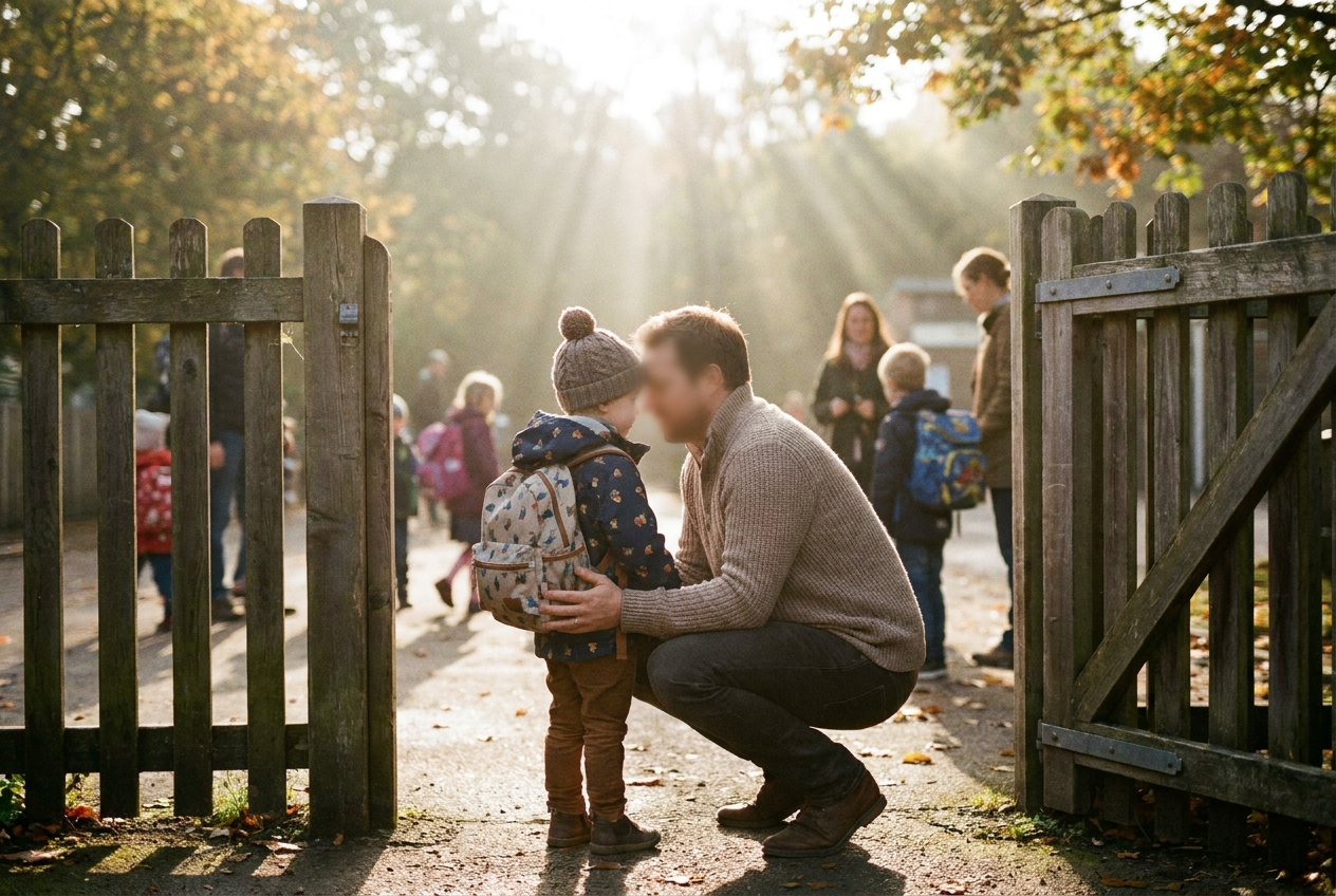 A parent collecting a child at the school gate at the end of the day, other families walking past