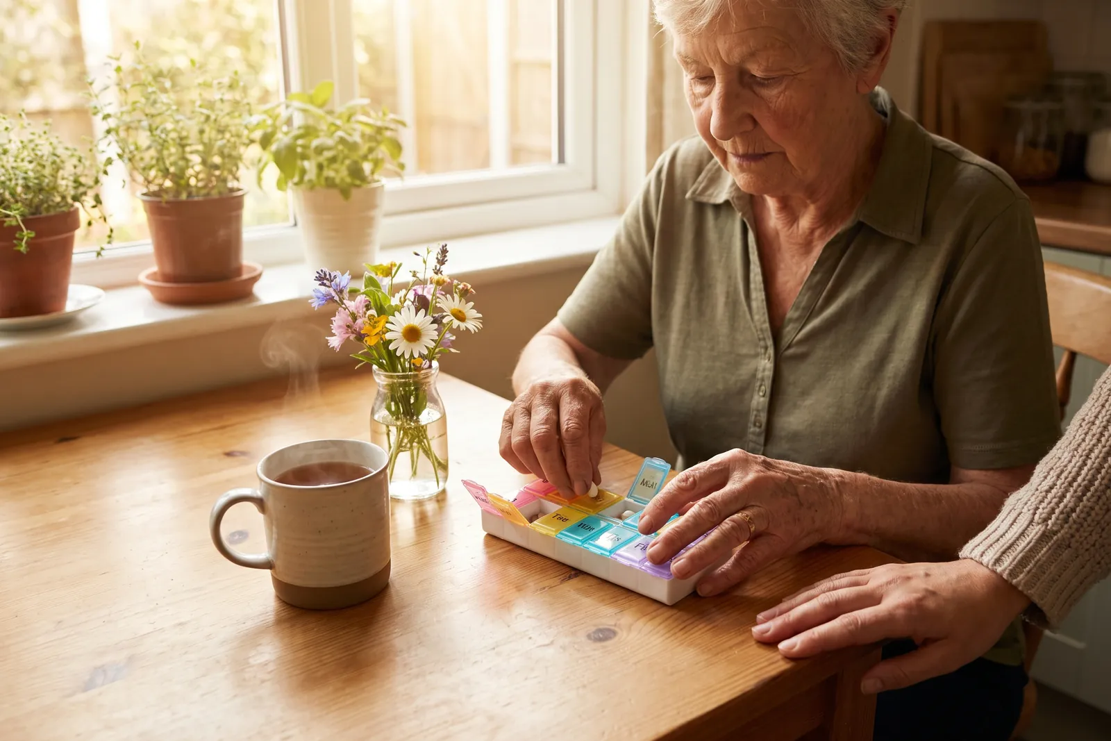 A weekly pill organiser open on a kitchen table in morning light, beside a mug of tea and reading glasses