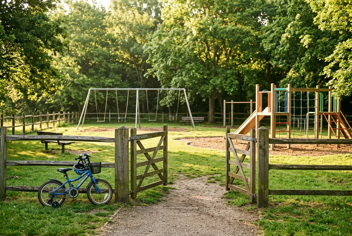 An open playground gate with swings and climbing frames behind it on a bright afternoon