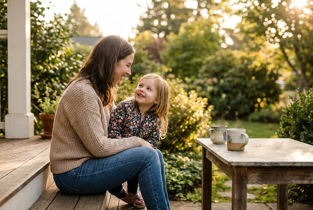 A parent and child sitting on a front porch step talking quietly in the late afternoon light