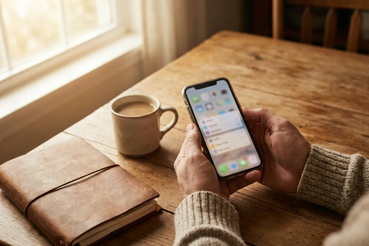 A phone on a kitchen table next to a coffee cup, with settings open while someone reviews app permissions