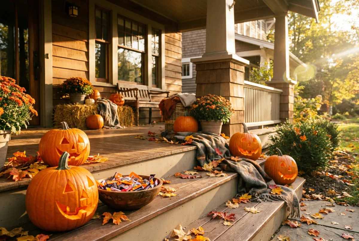 Carved pumpkins and a candy bowl on a porch at golden hour