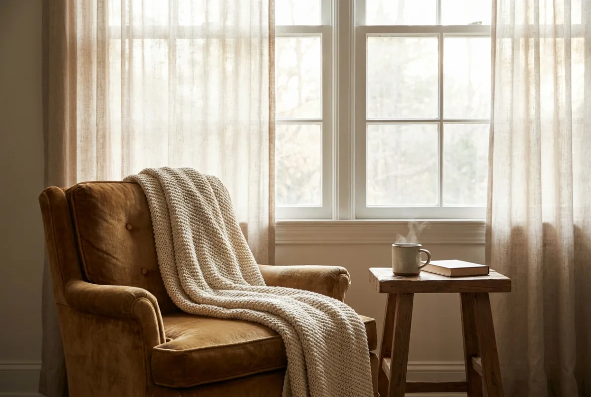 A quiet armchair beside a sunlit window with a cup of tea on the side table