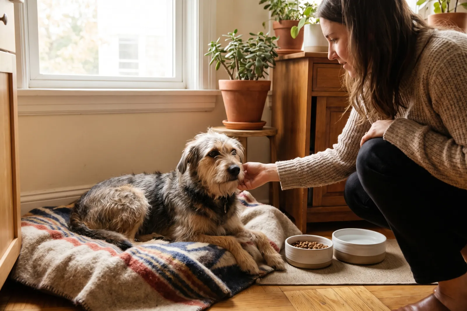 A rescue dog resting on a blanket in a sunny kitchen corner while its new owner crouches nearby