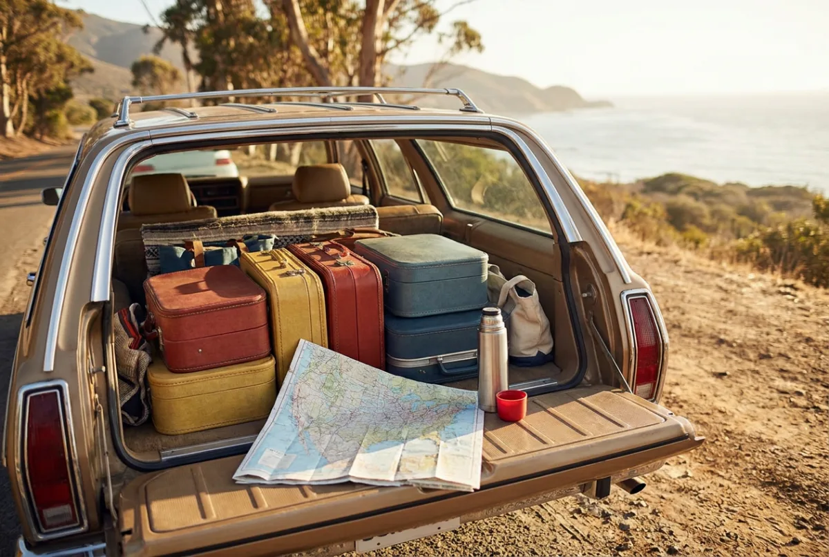 An open car trunk packed with luggage and a folded road map