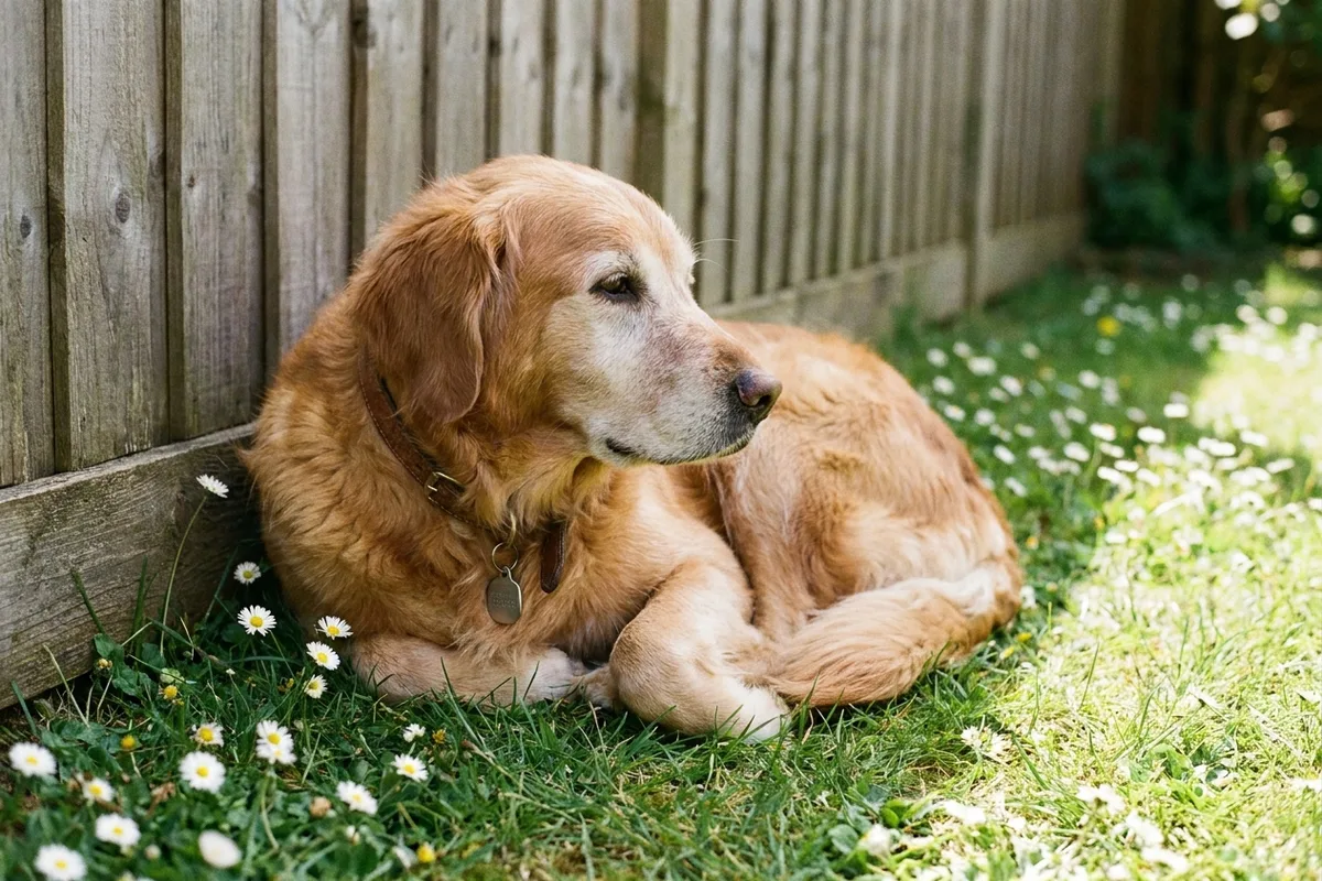 A grey muzzled senior dog standing still in a sunlit garden near an open wooden gate