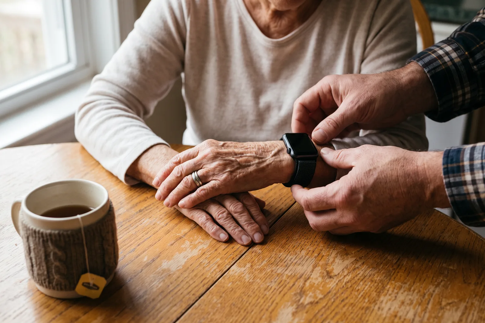 An older woman's hands wearing a smartwatch at a kitchen table beside a cup of tea