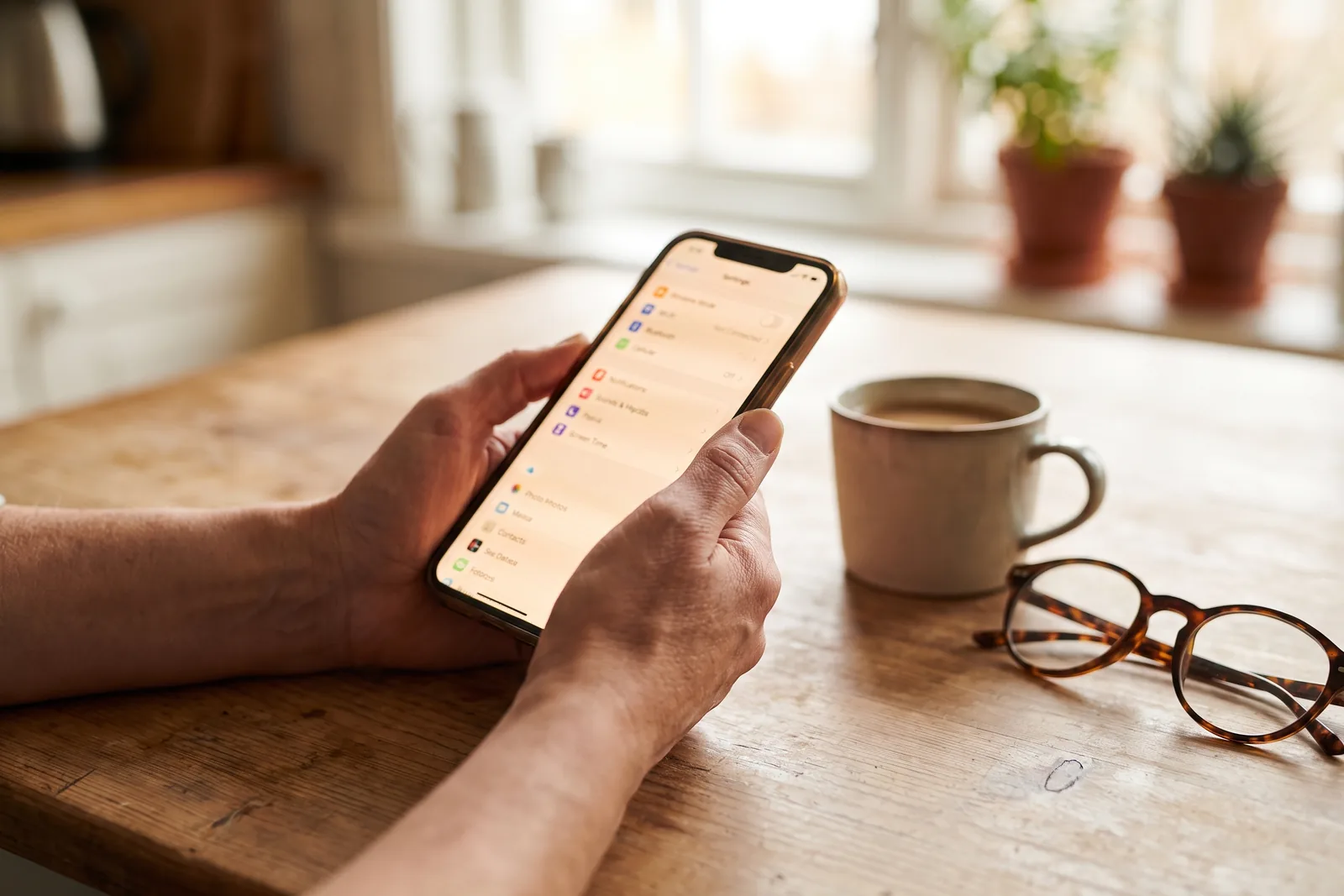 A hand switching off a settings toggle on a phone beside a coffee cup in soft morning light