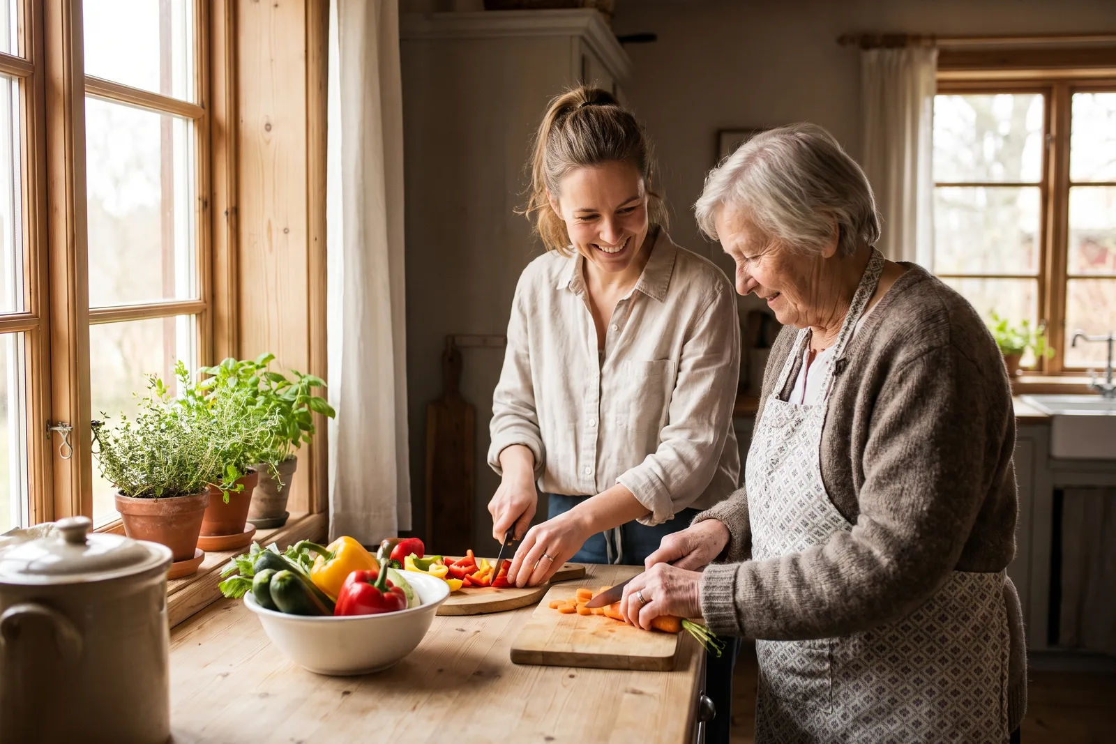 Adult daughter and elderly mother cooking together at a bright kitchen counter