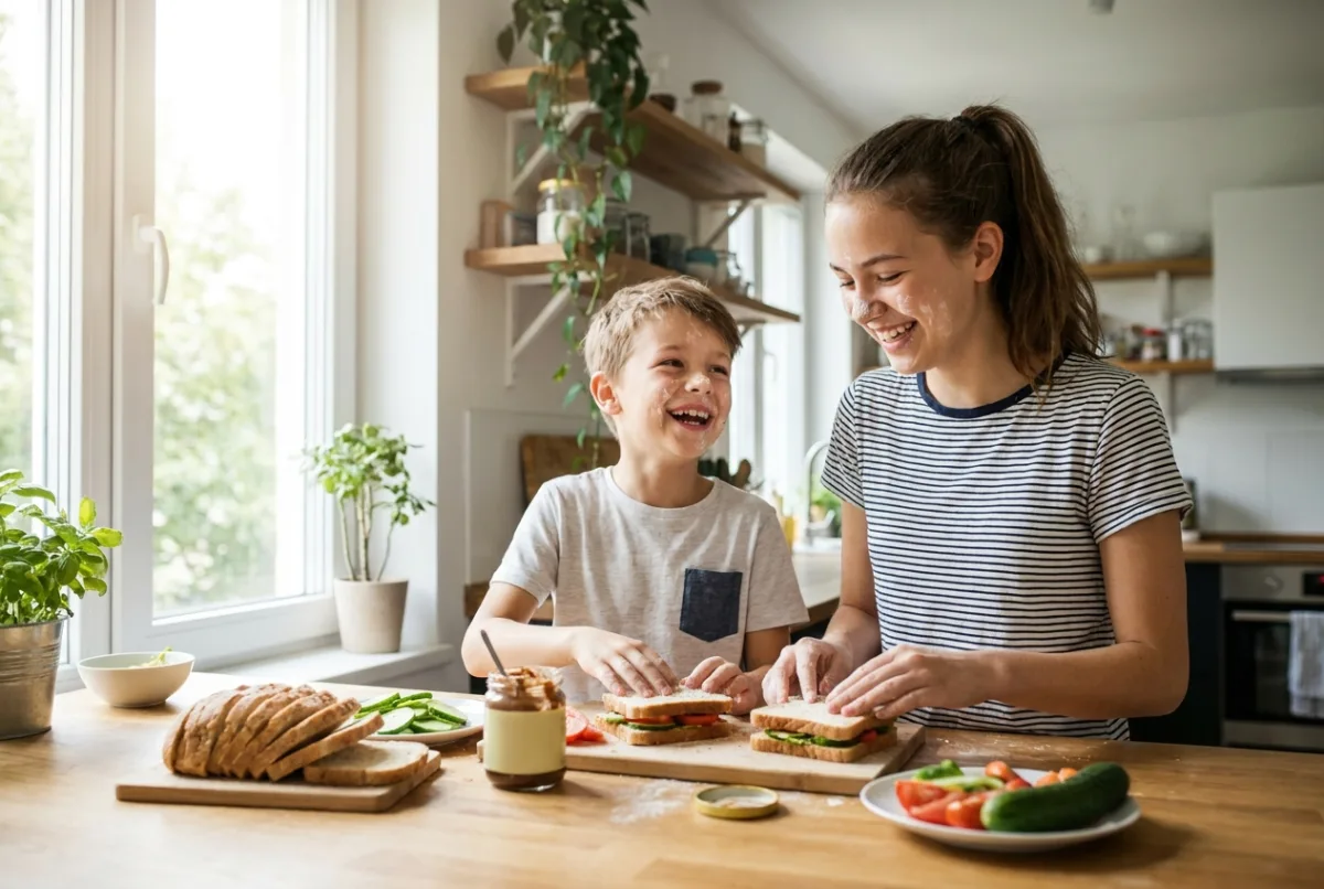 A teenage girl and her younger brother making sandwiches together in the kitchen