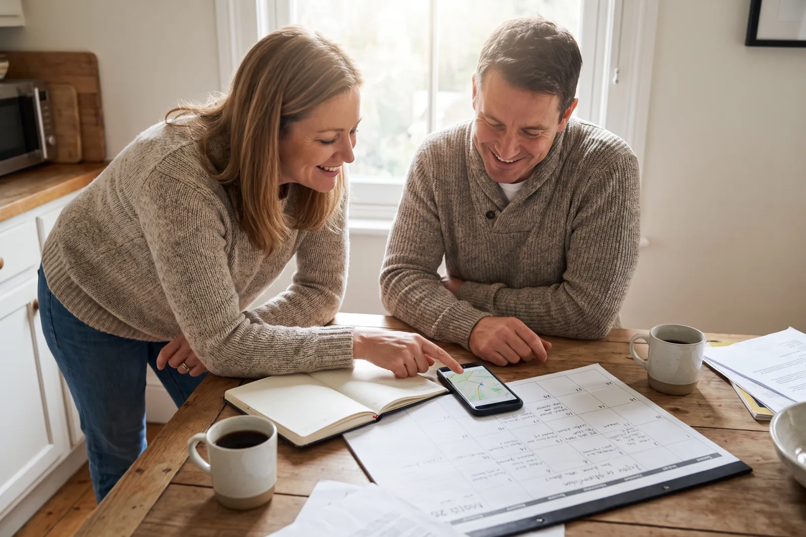 Two adult siblings planning together at a kitchen table with a notebook, calendar and coffee